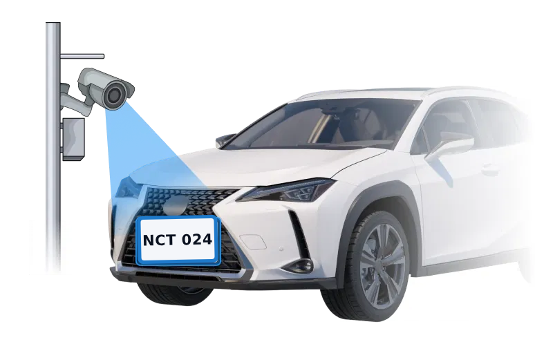 A pole-mounted camera reading the plate of a car arriving at a lane